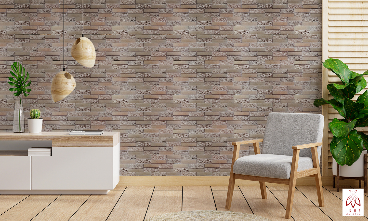 Living room interior wall mockup in warm tones,gray armchair with wood cabinet.