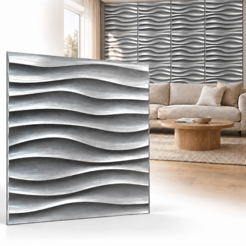 3D PVC Welle Brushed Silver 50x50cm