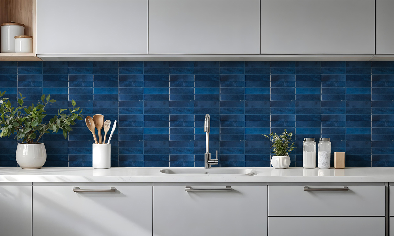 Modern Minimalist Kitchen Interior with Marble Backsplash