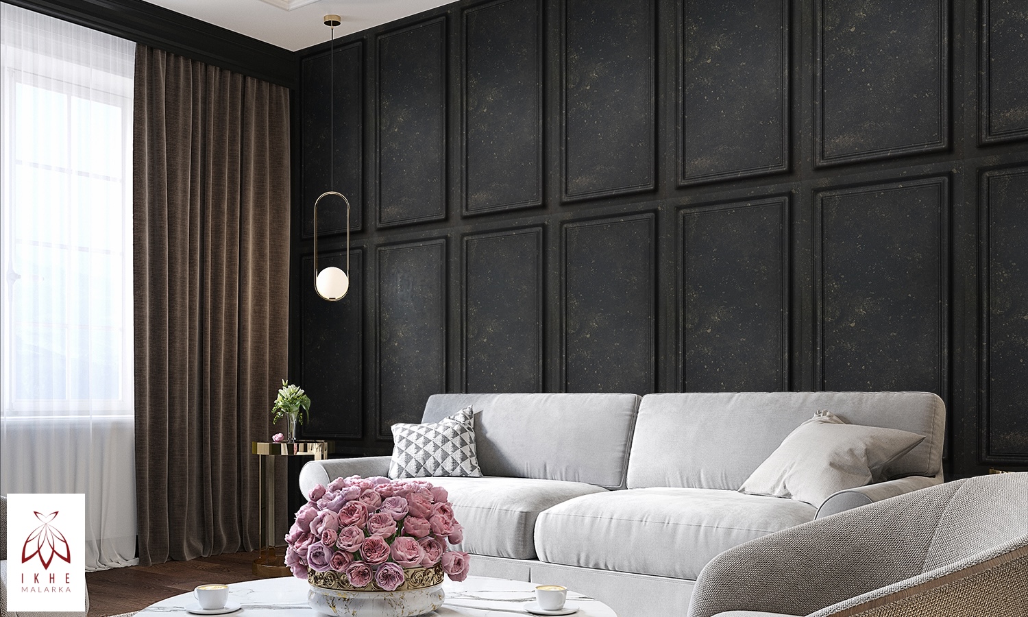 Classic black interior with armchairs, sofa, coffee table, lamps, flowers and wall moldings.
